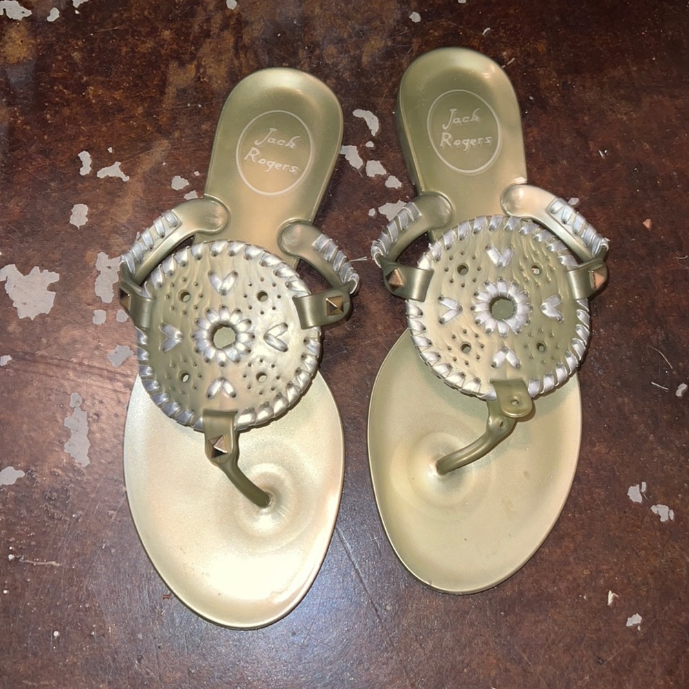 Jack Rogers gold, plastic sandals